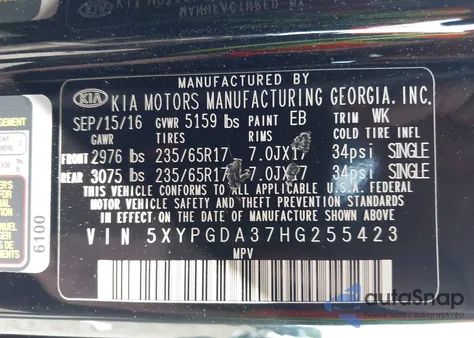 2017 Kia Sorento 2.4L Lx from USA, damaged, VIN 5XYPGDA37HG255423